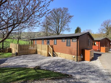 A wooden cabin with a fenced porch and gravel driveway surrounded by trees at Jinnyspinner Lodge Beckside 37 Limefitt Park near Windermere