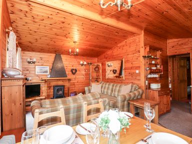 A wooden living room with plaid sofas a dining table set with plates and glasses a TV and a stove at Rowan Lodge Pinewood 16 Limefitt Park near Windermere