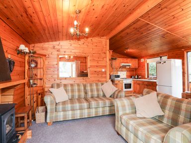 A living room with two plaid sofas pillows wooden kitchen and refrigerator at Rowan Lodge in Pinewood 16 Limefitt Park near Windermere