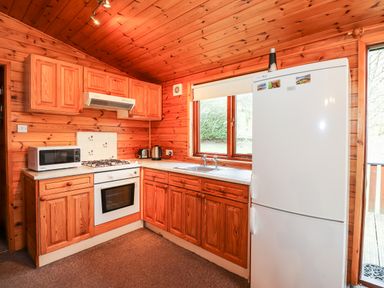 A kitchen with wooden cabinets a white oven microwave refrigerator and sink at Rowan Lodge Pinewood 16 Limefitt Park near Windermere