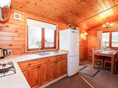 A kitchen and dining area with wooden walls and ceiling a dining table set with chairs and a refrigerator at Rowan Lodge Pinewood 16 Limefitt Park near Windermere