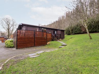 An exterior view of a wooden lodge with a fenced deck and stone steps on a grassy slope at Rowan Lodge Pinewood 16 Limefitt Park near Windermere