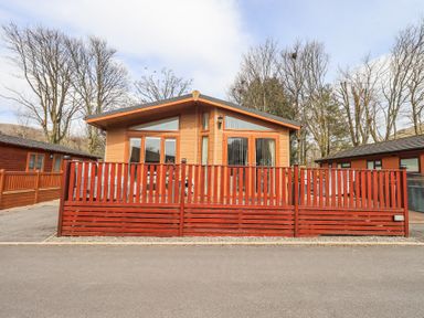 A wooden cabin with a red wooden fence in front surrounded by leafless trees at Valley View Lodge Wansfell 10 Limefitt Park near Windermere