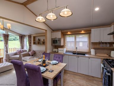 A kitchen and dining area with purple chairs and a living room with sofas and windows at Latterbarrow Lodge Beckside 46 Limefitt Park near Windermere