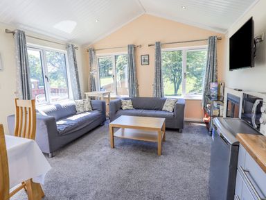 A living room with two sofas a coffee table a television and large windows at Robin View Lodge Beckside 3 Limefitt Park near Windermere