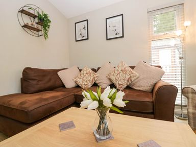 A living room with a sofa and a coffee table at Badgers Hollow Lodge in Grasmere 30, White Cross Bay near Windermere