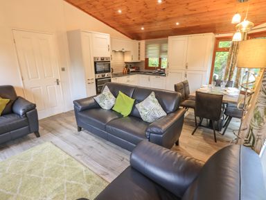 An open living area with black leather sofas and green cushions a dining table with chairs and white kitchen cabinets at Cedar Lodge Langdale 20 White Cross Bay near Windermere