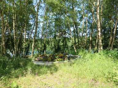 A small boat filled with colorful flowers on grass near trees and a body of water at Lakeside View in Pentney near King's Lynn
