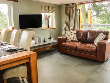 A living room with a brown leather sofa with patterned cushions a wooden dining table with white chairs a wall mounted TV and a small window at Sunnyside in Bircher Common near Yarpole