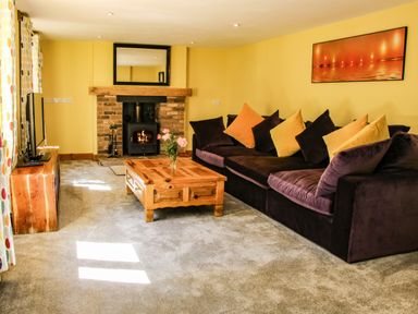 A living room with a wooden coffee table purple sofa and fireplace at Sunnyside in Bircher Common near Yarpole