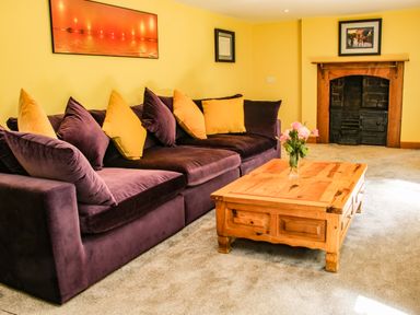 A living room with a purple sofa and yellow cushions a wooden coffee table with flowers and a fireplace at Sunnyside Bircher Common near Yarpole