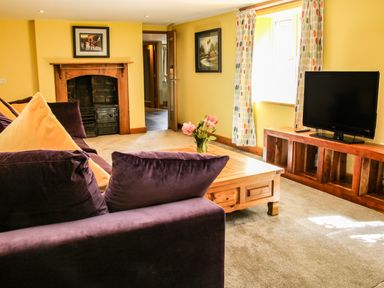 A living room with a purple sofa large cushions wooden coffee table with flowers wooden media unit with a television fireplace and patterned curtains at Sunnyside Bircher Common near Yarpole