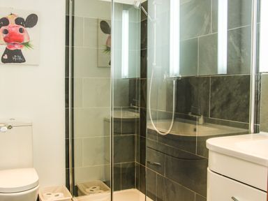 A bathroom with a shower enclosure toilet sink and a cow painting on the wall at Sunnyside Bircher Common near Yarpole