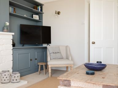 A living room with a TV on blue shelves a beige armchair a wooden coffee table and decorative items at Seascape in Salcombe