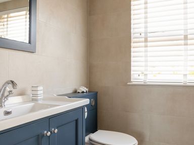 A bathroom with a blue sink cabinet a toilet a mirror and a window with white blinds at Seascape in Salcombe