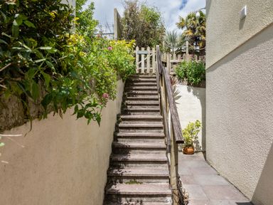 A stairway with a wooden handrail and plants along the sides leading to a wooden gate at Seascape in Salcombe