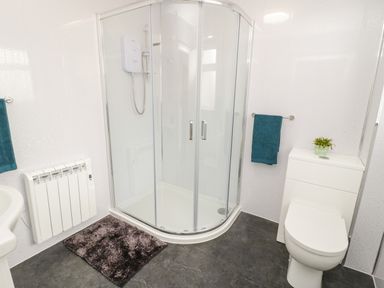 A bathroom with a corner shower unit a toilet a small plant on the toilet cistern a towel rack with a blue towel and a brown bath mat on the floor at Trigfa in Llanfechell