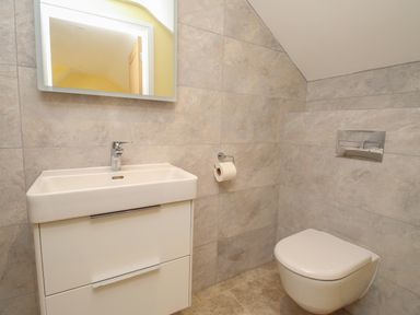 A bathroom with a wall-mounted sink and vanity unit a wall mirror toilet with wall-mounted flush and toilet roll holder at The Granary Burton Bradstock
