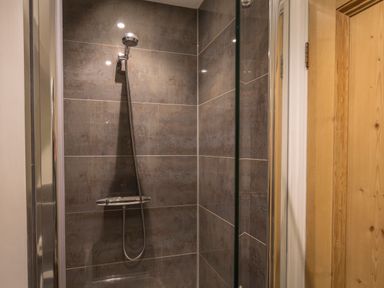 A shower area with dark tiled walls and a handheld showerhead with a wooden door nearby at Fairhaven in Dartmouth