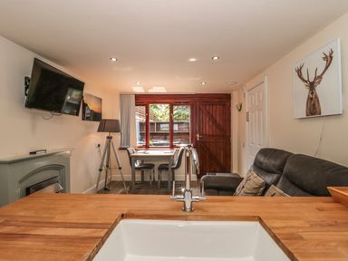 A living room and dining area with a wooden countertop sink in the foreground a sofa a table with chairs a television and a wooden door at The Retreat in Washford near Williton