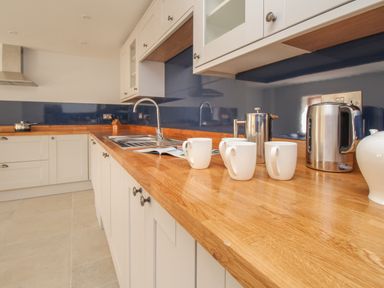 A kitchen with white cabinets wooden countertop blue backsplash sink kettle and mugs at The Stables Burton Bradstock