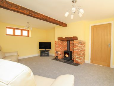 A living room with a fireplace TV and sofas at The Stables Burton Bradstock