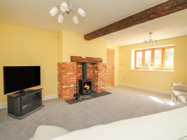 A living room with a brick fireplace wood burning stove television on a stand window and cream sofa at The Stables Burton Bradstock