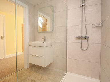 A bathroom with a shower area a white sink with cabinet and a mirror at The Stables Burton Bradstock