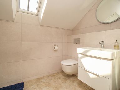 A bathroom with a wall-mounted toilet a sink with cabinet and mirror and a skylight at The Stables Burton Bradstock