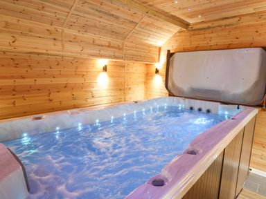 An indoor room with wooden walls and ceiling featuring a large hot tub with water and lights at Tynewydd Fields in Cross Inn