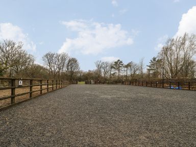 An outdoor enclosed riding arena with a gravel surface and wooden fencing at Tynewydd Fields in Cross Inn