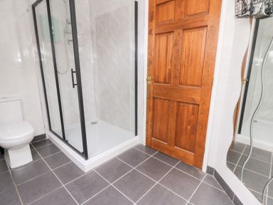 A bathroom with a shower, toilet and mirror at Tynewydd Fields in Cross Inn