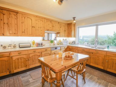 A kitchen with wooden cabinets a wooden table and chairs a window with a view at Aelwyd Y Don in Tresaith