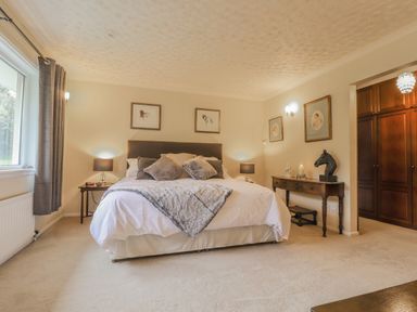 A bedroom with a large bed cushions bedside tables and a console table with horse decorations at Aelwyd Y Don in Tresaith