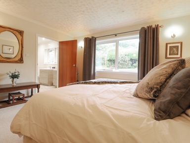 A bedroom with a bed and pillows next to a window and a door leading to a bathroom at Aelwyd Y Don in Tresaith