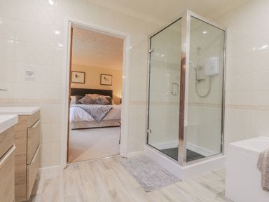 A bathroom with a glass shower enclosure a vanity unit and a view into a bedroom at Aelwyd Y Don in Tresaith