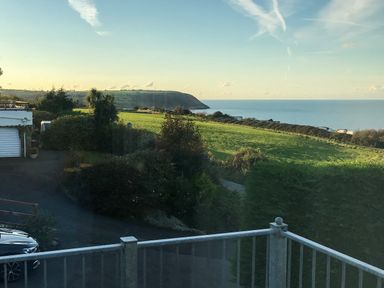 A view of a grassy field with bushes and trees near the coast with a hill and sea in the background at Aelwyd Y Don in Tresaith