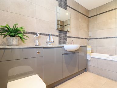 A bathroom with a sink and mirror above gray cabinets a bathtub with showerhead and towel and a potted plant on the countertop at Chy-Whel in Sticker