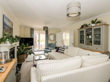 A living room with striped sofas plants a TV and a cabinet with glass doors at Coral House in Overstrand