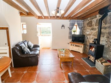 A living room with a leather sofa coffee table wood burning stove and television at Bwthyn Siop Pencaerau Rhiw near Aberdaron