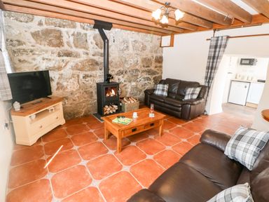 A living room with brown sofas a wood burning stove and a wooden coffee table at Bwthyn Siop Pencaerau in Rhiw near Aberdaron