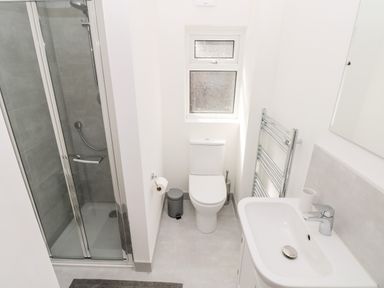 A bathroom with a shower enclosure toilet sink and towel rack at Westwinds in Tenby