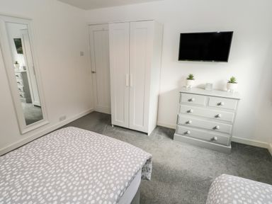 A bedroom with a bed, wardrobe, mirror, chest of drawers with plants, and a wall-mounted TV at Westwinds in Tenby