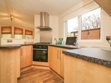 A kitchen with wooden cabinets a gas stove an oven a sink and large windows at Exe Valley Lodge in Bampton Devon