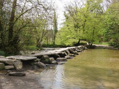 A stone stepping path crossing a shallow river with trees on both sides at Exe Valley Lodge in Bampton Devon
