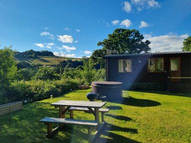 An outdoor area with a wooden picnic table barbecue hot tub and a dark wooden cabin at Exe Valley Lodge in Bampton Devon