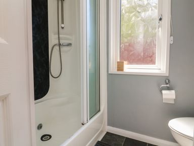 A bathroom with a bathtub and shower fixture next to a frosted window and toilet with toilet paper at Valley Lodge in Bampton Devon