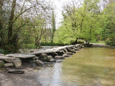 A river with a stone slab ford crossing surrounded by trees at Valley Lodge in Bampton Devon