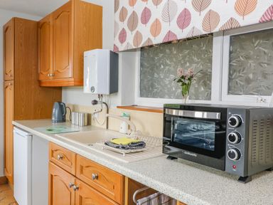 A kitchen countertop with a microwave oven kettle and sink under a window with leaf patterned curtains at The Pool House in Crediton