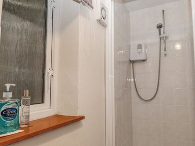 A shower area with a window and hand wash bottles on the windowsill at The Pool House in Crediton